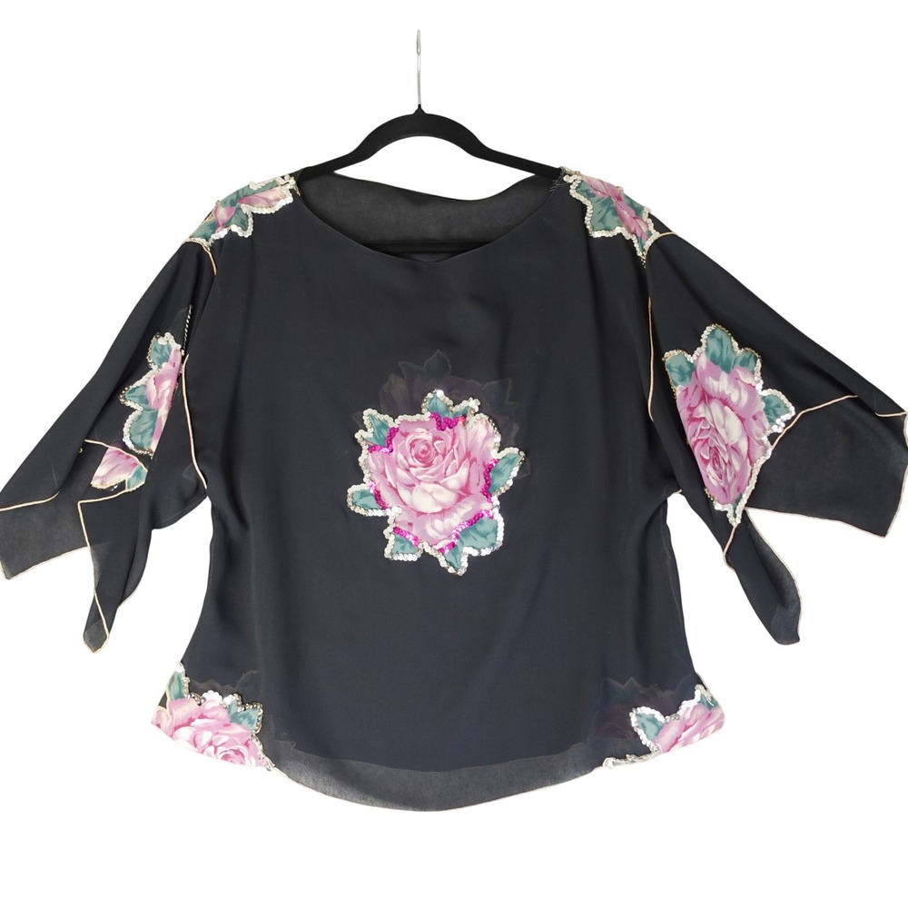 Vintage Blouse Womens M Black Pink Rose Sheer Sequin Floral Top Fairy Whimsigoth